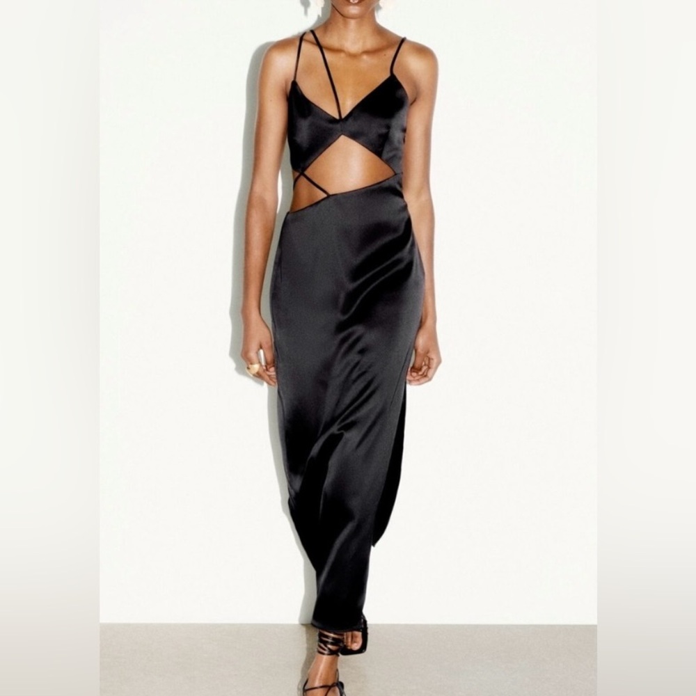 NWT ZARA Dress Satin Look Black Maxi Asymmetrical Strapy Size S